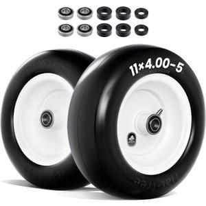 11x4.00-5 Flat Free Lawn Mower Tire & Wheel with 3/4" bearing bore, 5/8 Extra Bearings & Spacers, Fits Zero Turn Mower, Garden Tractor, 350 lbs Capacity, 2-Pack