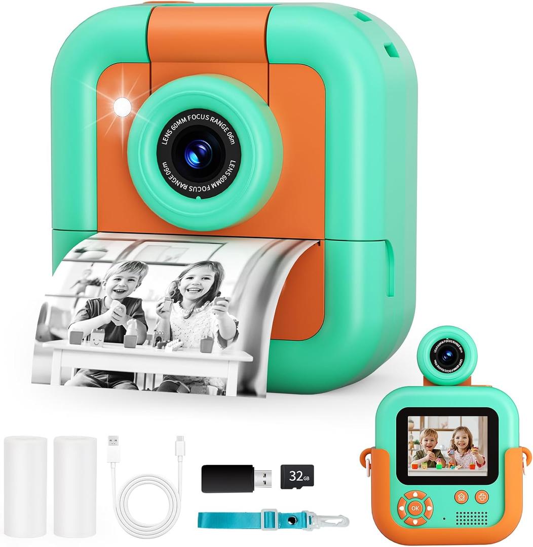 Kids Camera Instant Print,2.4 Inch Screen Toddler Digital Cameras,Christmas Birthday Gifts for Girls Age 3-12,Toddler Portable Travel Toy for 4-9 Year Old Boys Green