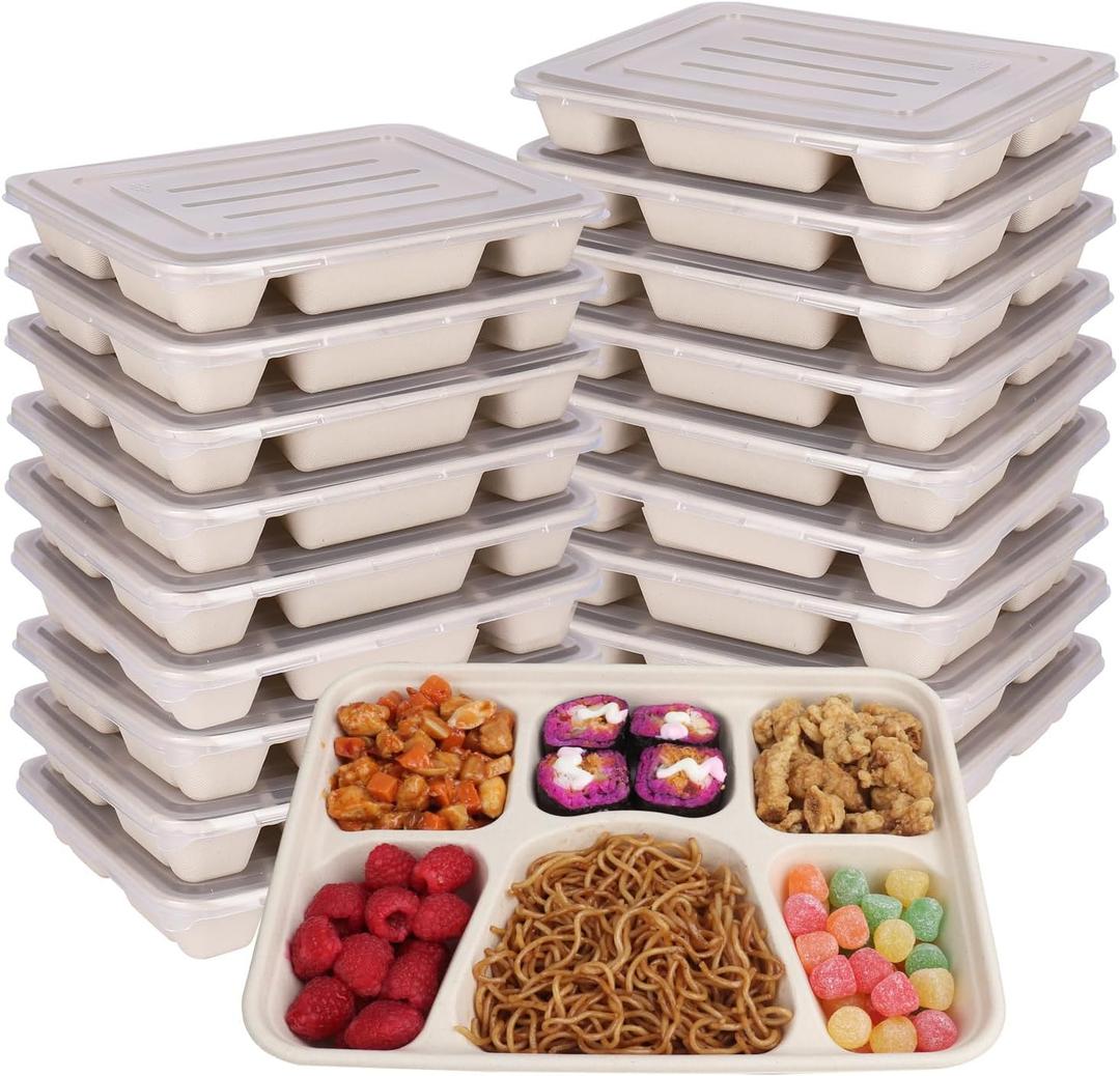 Sugarcane Fiber 40 oz 6 Compartments disposable plates with Lids Bagasse Plant Fibers Freezer Safe 25 Pack