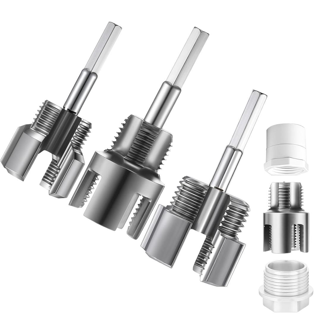 Pipe Thread Cutting Tool Integrated Internal & External Pipe Threading Tool Electric Drill Compatible PVC Tube Threader Kit, 1/2", 3/4", 1'' Tube Sizes Rethreading Kit(3 Sizes,Silver,3 Pcs)