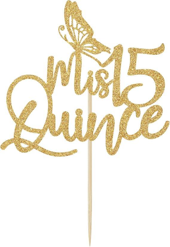 Mis Quince Gold Glitter Cake Topper, 15th Birthday Decorations, Feliz 15 Años, Cheers to 15 Years,
