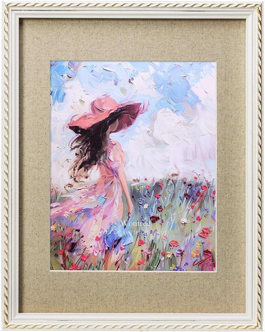 11x14 White Picture Frame, Gold-Toned Rope Edging, Pine Wood with Real Glass, Display 11x14 Photos Matted to 8x10, Vertical and Horizontal Desk Tabletop or Wall Hanging