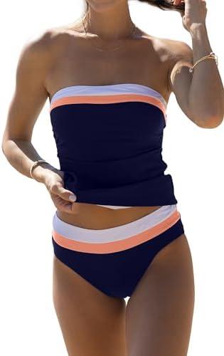 Beachsissi Bandeau Swimsuits for Women Strapless Swimwear Bathing Suits Tummy Control Color Block Tankini Sets, L