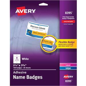 Avery Flexible Printable Name Badges, 2-1/3" x 3-3/8" Rectangle Labels, White, 5 Packs, 800 Removable Name Tag Stickers Total (8395)