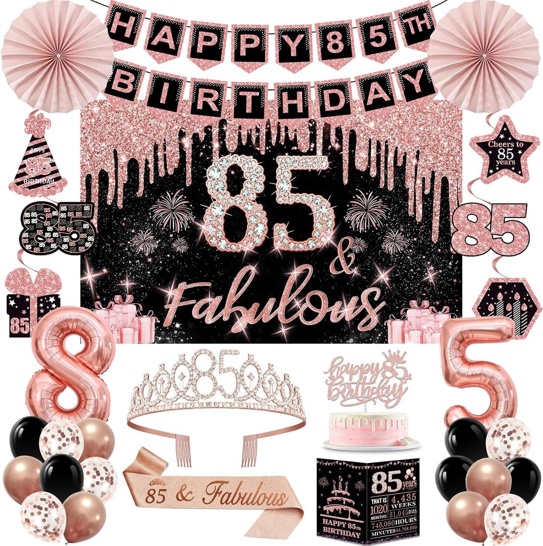 85th Birthday Decorations for Women,32PCS 85th Birthday Party Decorations,Including Backdrop, Crown, Sash, banner, Hanging Swirl,Cake Topper,Paper Fans,balloons and Anniversary Card