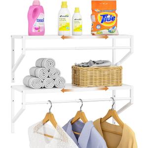 ThreeHio 2 Pack Expandable Laundry Room Shelves with Hanging Rod, Over Washer and Dryer Shelves, Wall Mounted Metal Shelving, Utility Floating Wall Shelf for Laundry Closet Organizers and Storage