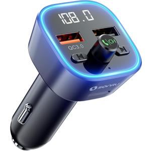 SONRU Bluetooth 5.3 FM Transmitter, Wireless Radio Adapter, Audio Receiver Car Charger, Wireless FM Radio Transmitter, Hands-Free Calling and 2 USB Ports Charger, HiFi Treble & Bass Player (Black)