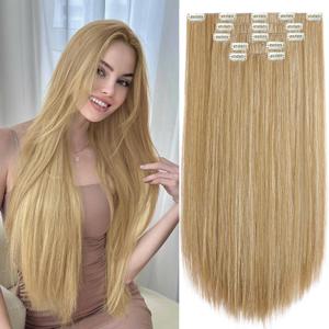 Hair Extensions Clip Ins 26 Inch Long Synthetic Straight Invisible Extension 5PCS Soft and Natural Fake Cheap Clips on Hairpieces for Women Full Head 8.1 Oz Golden Brown Mix Bleach Blonde