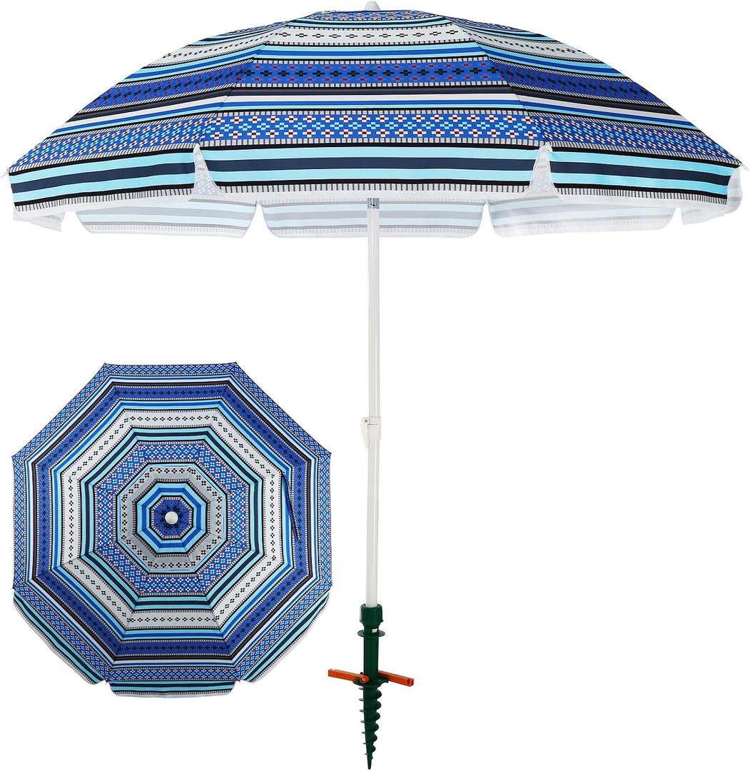 7ft Heavy Duty HIGH Wind Beach Umbrella with sand anchor & Tilt pole Sun Shelter, UV 50+ Protection Outdoor Sunshade Umbrella with Carry Bag for Patio Garden Beach Pool Backyard
