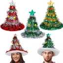 Halloscume 3 Pcs Christmas Tree Hats Santa Hat for Adults Glitter Tinsel Five-pointed Star Santa Hat Holiday Christmas Tree Costume for Xmas Hair Accessories Decoration Funny Party Supplies