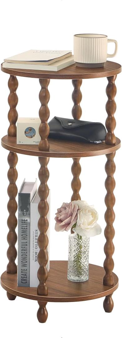 AWASEN Small Round End Table, Round Side Table with 3-Tier Open Shelf for Small Spaces, Wood Accent Table Nightstand for Bedroom, Living Room, Office, Walnut Brown