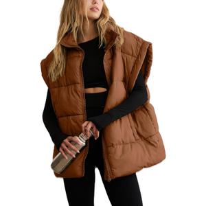 APAFES Women Winter Oversized Puffer Vest Quilted Lightweight Stand Collar Sleeveless Padded Puffy Jackets Coat with Pockets (Medium, Brown)