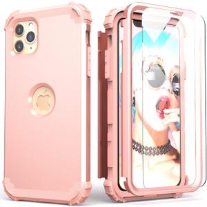 IDweel for iPhone 11 Pro Max Case with Tempered Glass Screen Protector, Hybrid 3 in 1 Shockproof Slim Fit Heavy Duty Protection Hard PC Cover Soft Silicone Bumper Full Body Case, Rose Gold