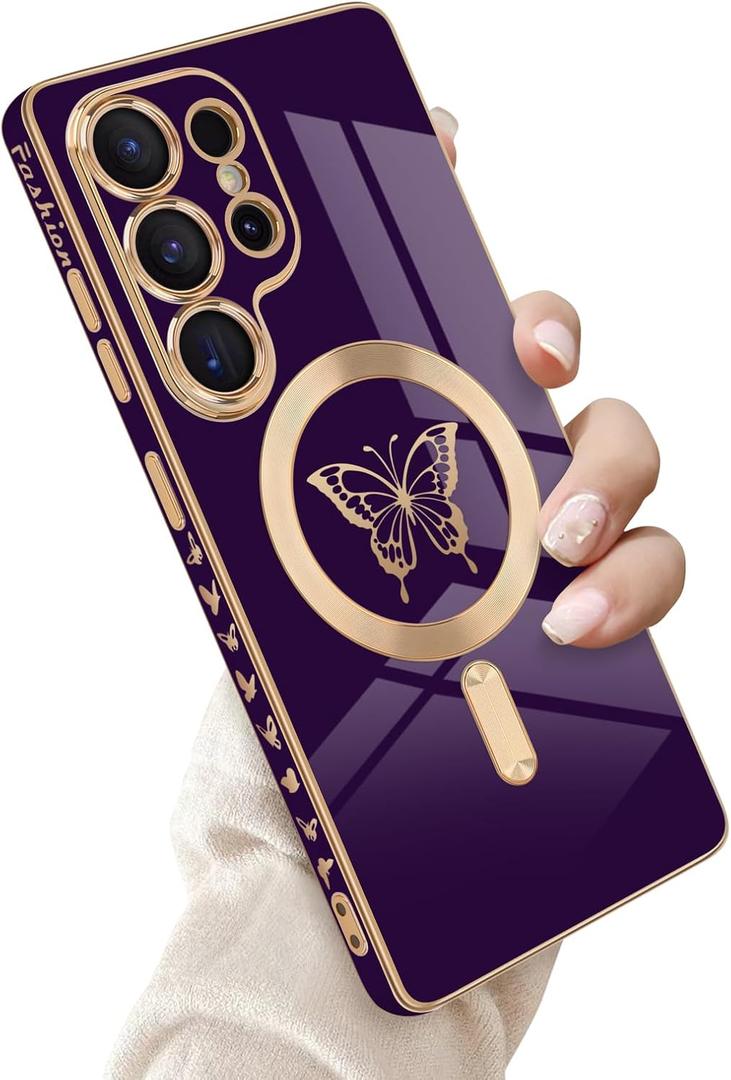 for Samsung Galaxy S25 Ultra 5G Magnetic Case, Cute Butterfly Luxury Plating Edge Case for Women Girls Men Soft TPU Shockproof Full Camera Protective Cover for Samsung Galaxy S25 Ultra-Purple