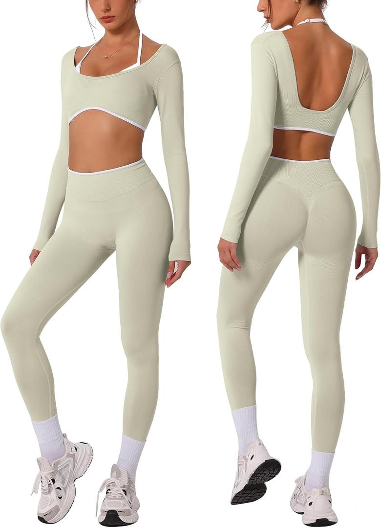 ABOCIW Workout Sets for Women Long Sleeve Crop Top Scrunch Butt Lifting High Waist Leggings 2 Piece Gym Yoga Outfits (Large, Pistachio)