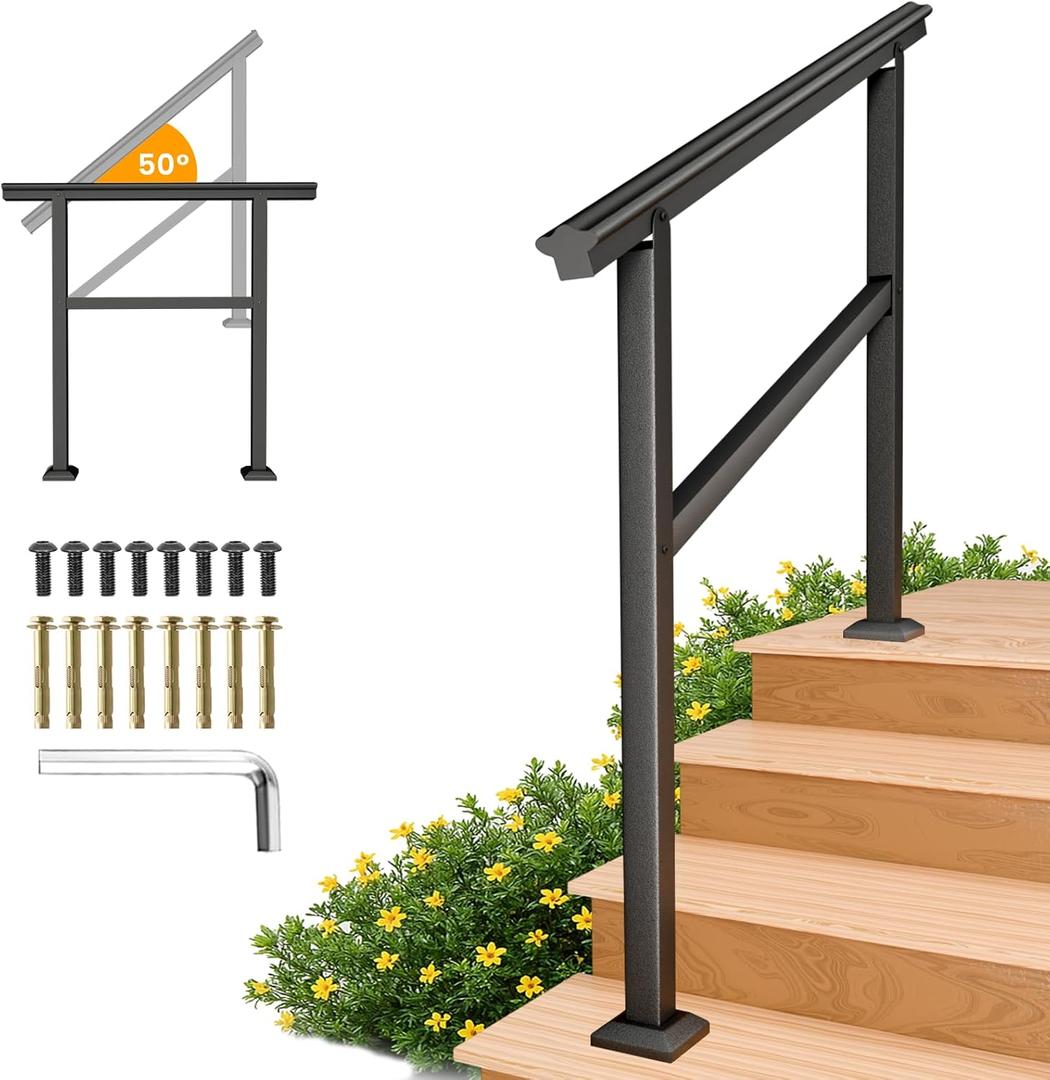 SPACEEUP Hand Rails for Outdoor Steps,4 Step Handrail45" x 34" Fits 0 to 4 Steps, Outdoor Stair Handrail Kit, Black Railings for Outdoor Steps for Porch DeckHand Rails for Seniors