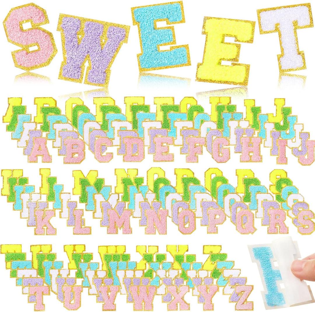 Yilloog 156 Pcs Glitter Self Adhesive Letters Chenille Clothing Patches Embroidered Repair Fuzzy Patches Alphabet Gold Trimmed Preppy Clothing Badges Sewing Appliques(Colorful Style)