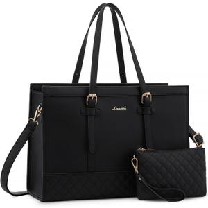 LOVEVOOK Women's 15.6 inch Laptop Tote, Waterproof PU Leather Computer Work Bag, Large Capacity Business Office Tote Black