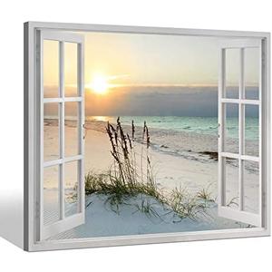Sea Whisper Beach Window Canvas Wall art: tropical Sunrise Seascape Picture Coastal Ocean Painting Open Window Artwork Print for Bathroom Decor(12x16)
