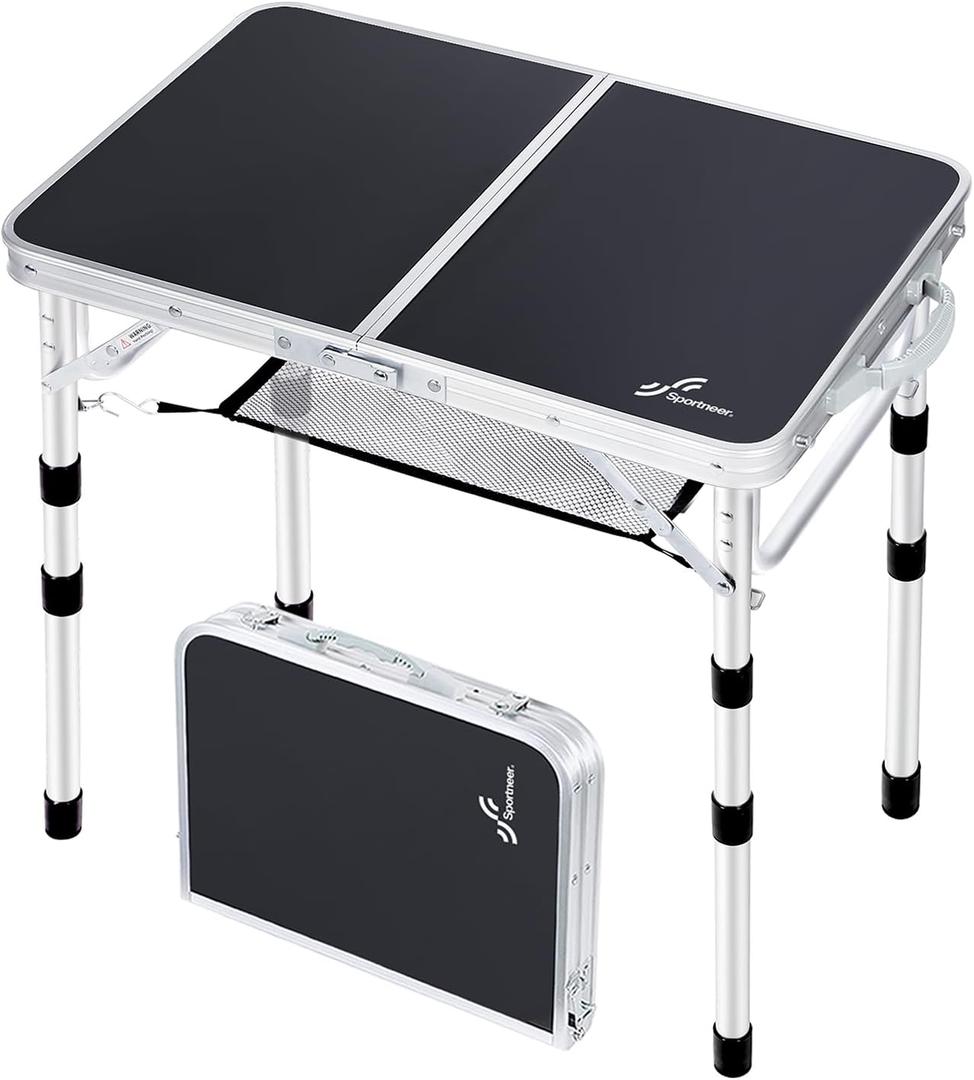 Sportneer Camping Table: Adjustable Height Small Folding Table 23.6" L x 15.7" W 4 Height with Mesh Layer - Compact & Portable Camping Essentials for Outdoor Camp Garden Picnic BBQ Dining Cooking