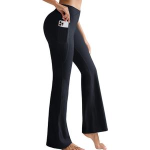 RUNNING GIRL Womens Ribbed V Crossover High Waist Yoga Pants Flare Leggings for Women with Side Pockets (Black, S)