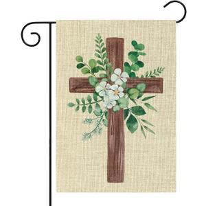WATINC Spring Summer Eucalyptus Christian Cross Linen Garden Flag- 12 x 18 Inch Easter Religious Yard Flag for Outside, Double Sided House Outdoor Decoration for Porch Lawn Pathway (Green)