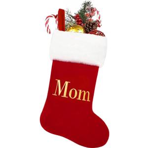 Christmas Stockings Red Velvet Monogram Stocking Family Set with Dad and Mom Design (Letter Mom)