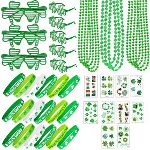 2 x 150PCS St Patricks Day Accessories, St. Patrick's Day Glasses Bracelets Tattoos Beads, Shamrock Saint Patricks Parade Throw, Irish Glasses Bracelets Tattoos Beads Stuff Bulk, Party Favor Decorations (Green)