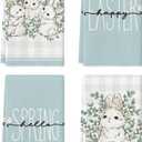 Artoid Mode Buffalo Plaid Bunny Rabbit Eucalyptus Leaves Happy Easter Kitchen Towels Dish Towels, 18x26 Inch Seasonal Spring Decoration Hand Towels Set of 4 (Blue)