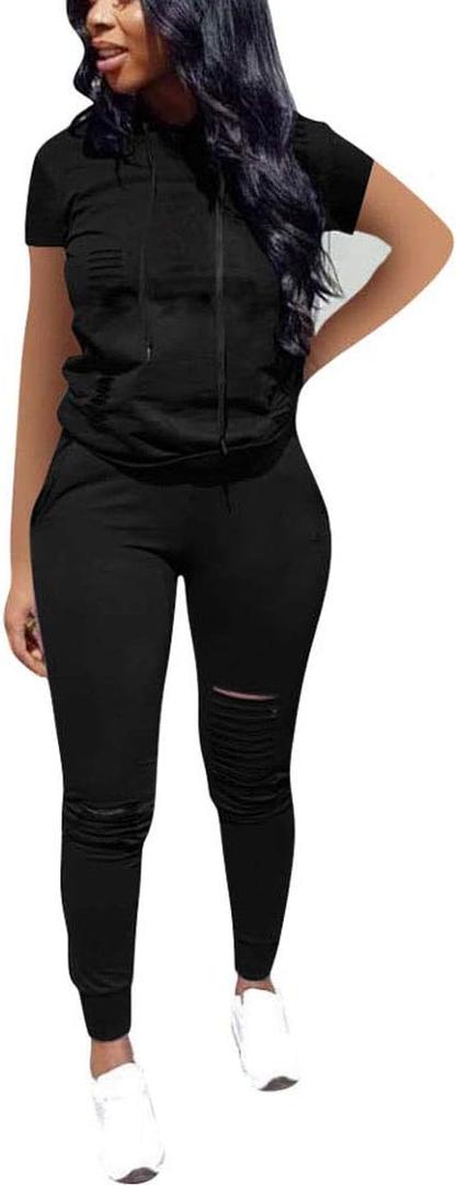 Nimsruc Two Piece Outfits for Women Short Sleeve Sweatsuit Casual Tracksuit (XX-Large, 6388 Black)