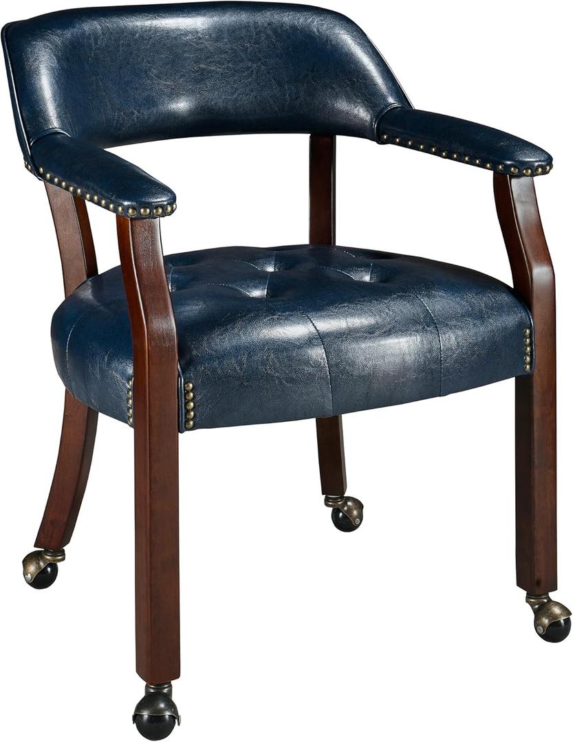 LEEMTORIG Dining Chairs with Casters and Arms, Rolling Dining Chairs with Wheels, Accent Game Poker Table Chairs, Solid Wood Boss Caption's Chairs Office Desk Chairs, Cherry Legs & Blue SY-1533-LB (Cherry Legs & Blue Pu)