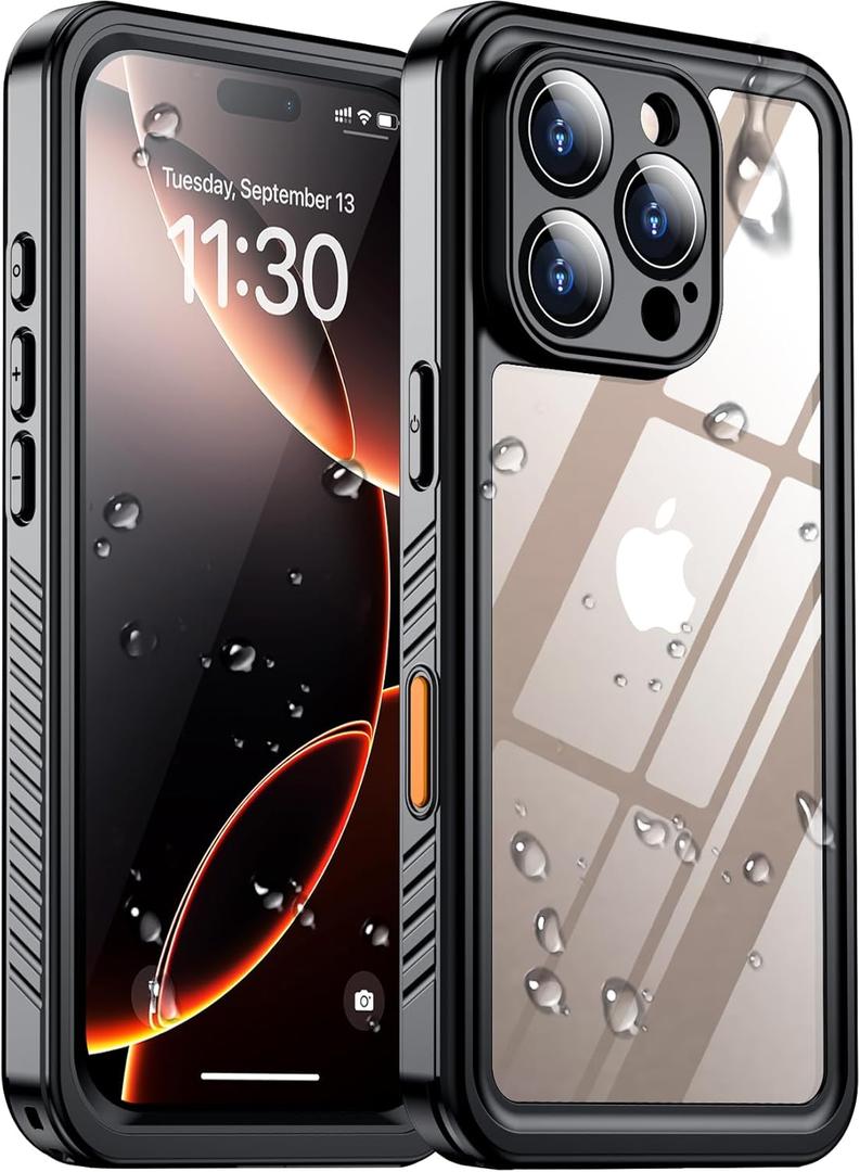 Temdan Compatible with iPhone 16 Pro Max Case Waterproof, Built-in Screen & Camera Protector IP68 Underwater Full Body 16FT Military Dropproof Shockproof Phone Case 6.9"-Black/Clear (iPhone 16 Pro Max, Black/Clear)