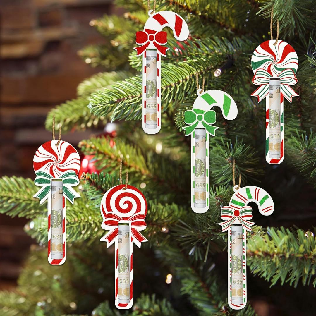 6 Pcs Christmas Money Holder Ornaments, Christmas Candy Cane Gift Money Holders for Cash, Funny Ways to Gift Money for Xmas Tree, Personalized Money Gift Holder Hanging Ornaments (Candy