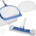 CKE Swimming Pool Cleaning Kit Including Pool Skimmer Net, 18.5" Rotatable Round End Pool Brush Head, Changeable Leaf Skimmer Net, Pool Skimmer and Brush Set for Inground & Above Ground Pool (No Pole)
