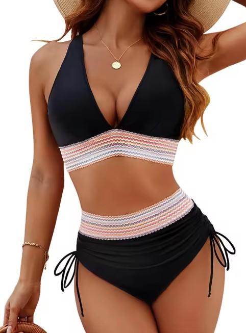 2 Pieces Bikini Suit Woven Strap Splicing Swim Set Deep V Backless Sexy Swimwear Heigh Waist Shorts Split Swimsuit (L)