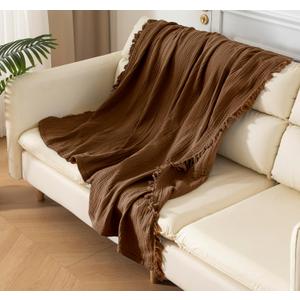 KyraHome 100% Organic Cotton 50"x60" Cotton Throw Blanket for Adult, Kid, Pre-Washed Plant Dyed, Breathable Lightweight Gauze Muslin Blanket for Summer, All-Season (Brown/Mocha)