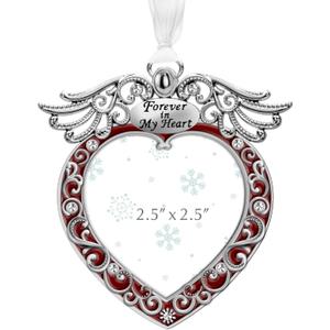 Christmas Tree Ornament Picture Frame Metal Hanging Pendant Holiday 2.5" Photo Frame Charm Decorative of Pets, Baby First Christmas, Family (Heart Red)