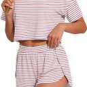 PrinStory Womens Pajama Sets Side Split Shorts Pj Set Cute Pjs 2 Piece Summer Lounge Sets, XL