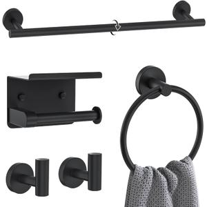 Matte Black Towel Bar Set 5 Pieces Bathroom Hardware Accessories Set Round Towel Holder Set for Bathroom Upgraded Toilet Paper Holder Stainless Steel Wall Mounted Towel Rack Set,23.6 Inch