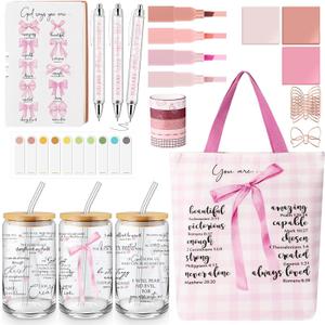 Singhoow 29 Pcs Bible Journaling Kit 16 oz Glass Cup Canvas Bag Leather Notebook Highlighters and Pens Sticky Note Tapes Paper Clips Gift Bible Study Supplies for Teacher Women Men(Bow,Pink)