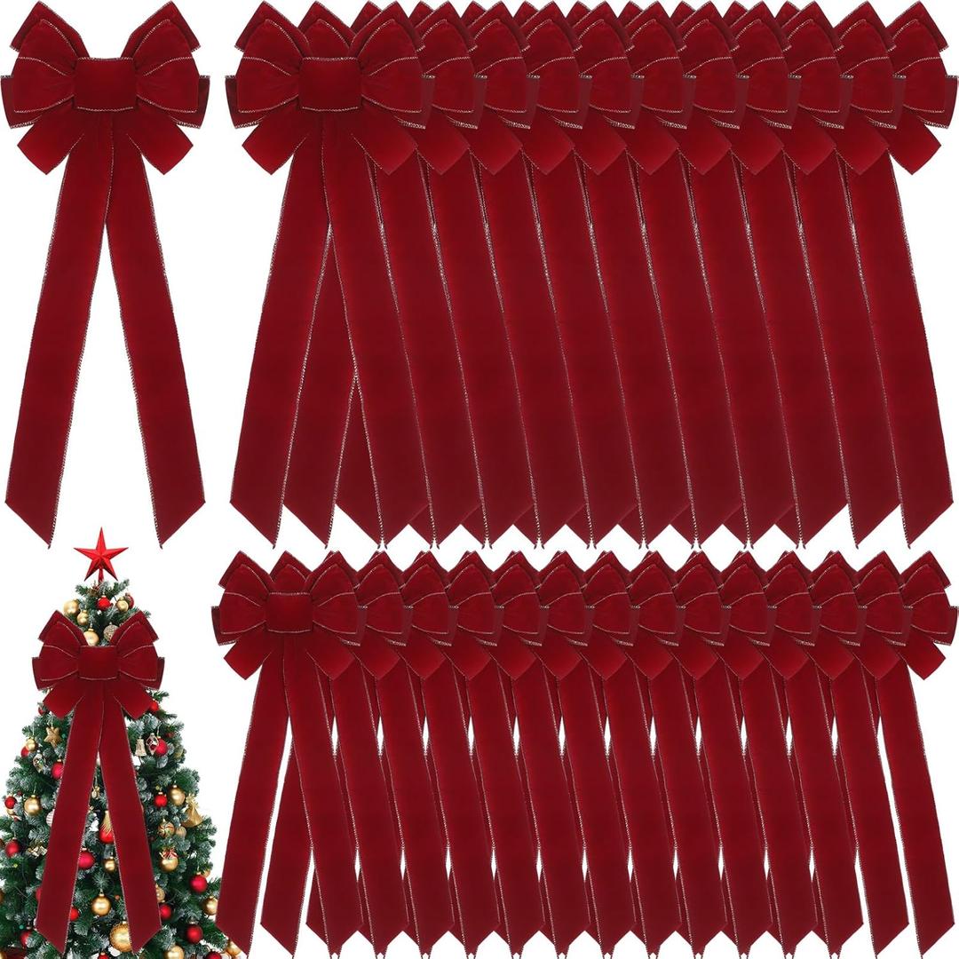 Yinkin 36 Pcs 10"x 26" Extra Large Christmas Tree Topper Bow Bulk Red Velvet Ribbon with Golden Wire Christmas Wreath Bows for Xmas Winter Party Indoor Outdoor Supplies (Wine Red)