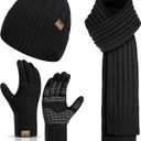 Winter Scarf for Men with Beanie Hat and Touchscreen Gloves Set Warm Cap Fleece Men's Scaves Nonslip Gloves Set for Men Women (Black)