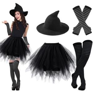 Ibeauti Halloween Witch Costumes for Women Girls Gothic Cosplay Witch Hat Tutu Skirt Striped Knee High Socks Arm Warmers Set