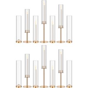 Meanplan 12 Pcs Gold Hurricane Candle Holders for Table Centerpiece, 4 Sizes Clear Tall Glass Cylinder Candle Holder Set, Wedding Table Decor, Metal Candlestick Holders for Party Dinner Decor
