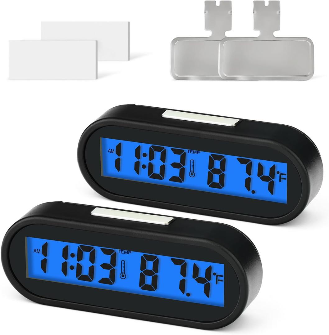 MEANLIN MEASURE 2PCS Car Clocks with Temperature, Fahrenheit LED Backlight 2 in 1, Vehicle Adhesive Digital Dashboard Clock, Small Electronic Clock for Car Truck Dashboard & Air Vent