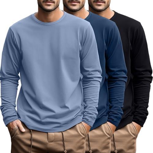 Ficerd 3 Pack Men's Big and Tall Shirts Long Sleeve Cotton Tee Crew Neck Oversize Tops Casual Loose Fit Knitted T Shirts, XL