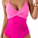 B2prity Women's One Piece Swimsuits Tummy Control Front Cross Bathing Suits Tie Back Slimming V Neck Swimwear (Medium, Rose Red Color Block)