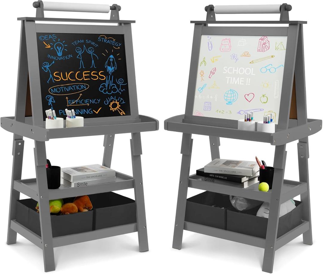Elevon Art Easel for Kids, 3 in 1 Adjustable Wooden Kids Drawing Easel, Double-Sided Whiteboard, Chalkboard & Paper Roll, 2-Tier Rack with 2 Storage Boxes, Standing Easel for for Painting & Drawing