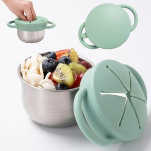 1 Pack Snack Containers for Toddlers, Stainless Steel Toddler Snack Cups with Silicone Food Catcher & Lids,Snack Cups for toddlers Spill Proof (Matte Green)