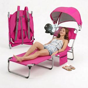 Folding Camping Lounge Chair with Canopy & Fan, Portable Reclining Camping Cot with Pillow and Side Pocket, Full Length Outdoor Chaise Lounge for Beach, Pool, Patio, Lawn(Pink)